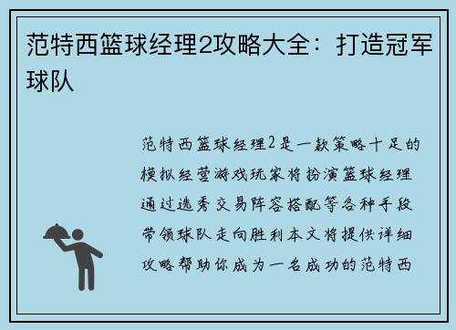 范特西篮球经理2攻略大全：打造冠军球队